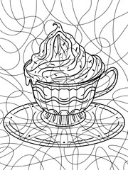 Freehand sketch for adult antistress coloring page with doodle and zentangle elements. Picture with background. Cup of hot drink with cream. Coffee with ice cream.