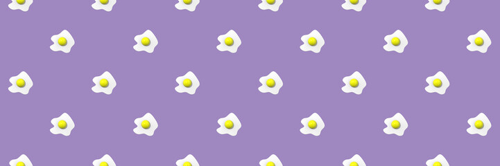 pattern. Image of chicken egg on pastel purple backgrounds. Egg with round yolk. Surface overlay pattern. Banner for insertion into site. Place for text cope space. 3D image. 3D rendering.