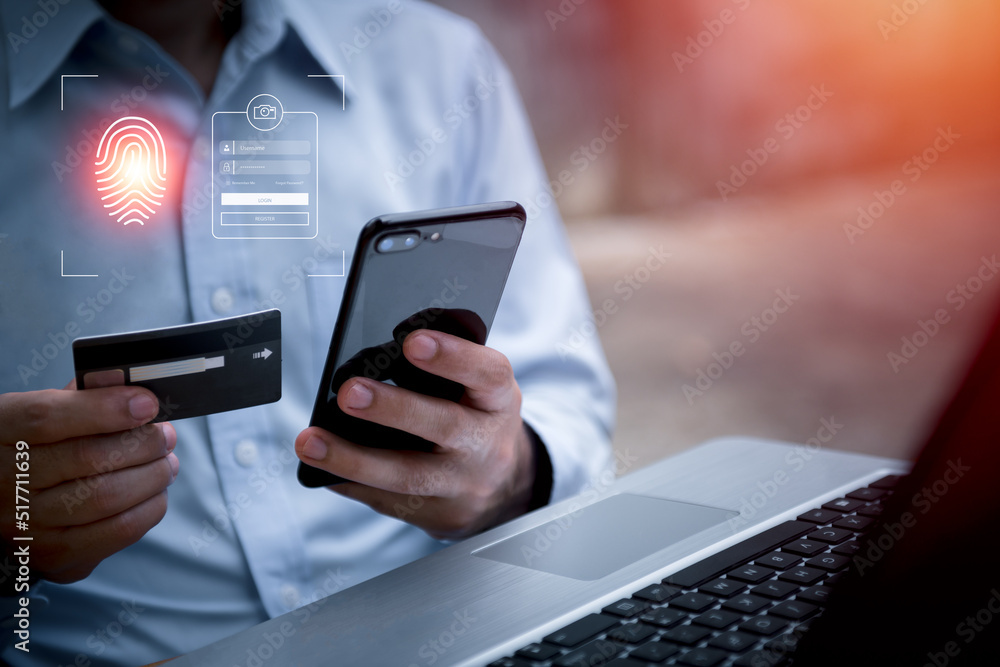 Poster man using credit card via internet banking apps on mobile phone for online shopping and digital paym