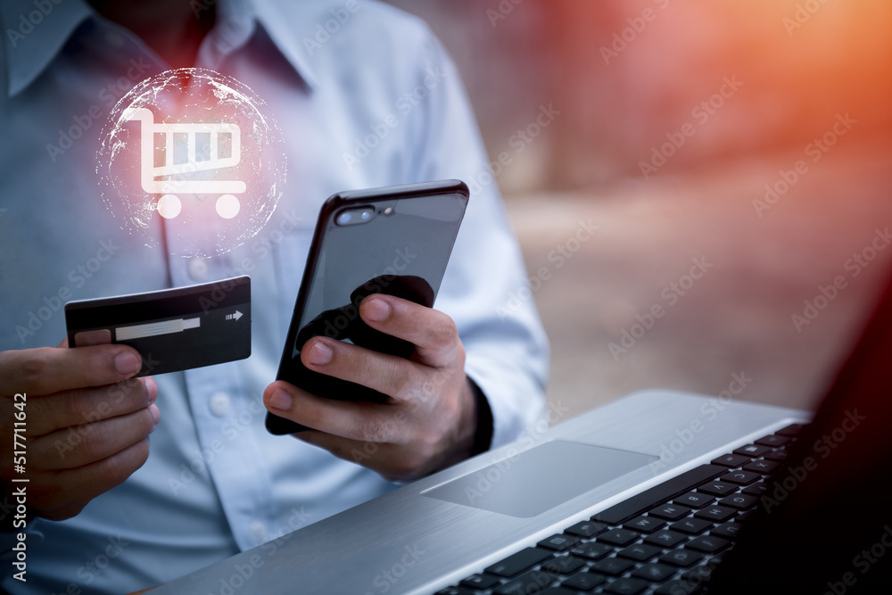Poster man using credit card via internet banking apps on mobile phone for online shopping and digital paym