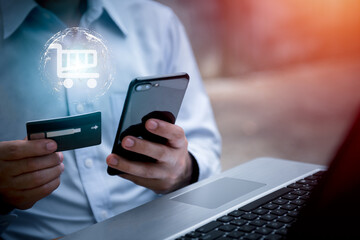 Man using credit card via internet banking apps on mobile phone for online shopping and digital payment concept