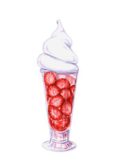 Ice cream with red berries in a glass. Watercolor drawing on a white background.