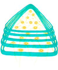 An unusual geometric pattern with a mystical atmosphere. Sunny eyes with long translucent rays. 3d stack of thin emerald triangles with the effect of distant outer space. Creative stylish art symbol.