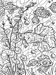 Aquarium, river bottom. Water world and fish. Freehand sketch for adult antistress coloring page with doodle and zentangle elements.