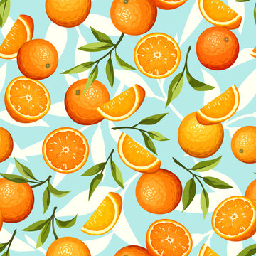 Seamless Pattern With Citrus Orange Fruit And Green Leaves On A Blue Background. Vector Illustration