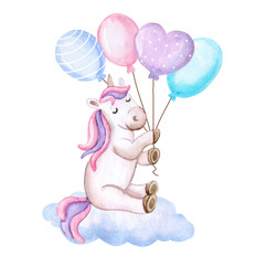 Unicorn and color balloons isolated on white background. Baby party, baby shower. Watercolor, illustration, clipart