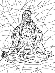 Girl in the lotus position, yoga. Freehand sketch for adult antistress coloring page with doodle and zentangle elements.