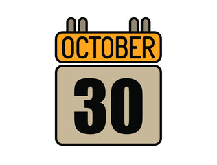 Day 30 October calendar icon. Calendar vector for October days isolated on white background.