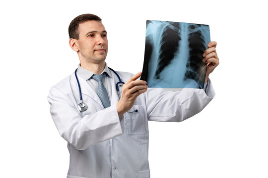 Doctor in white medical coat looking at x-ray isolated on white background. Medicine concept.