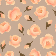 Floral seamless pattern. Painted light pink flowers and buds on grey background