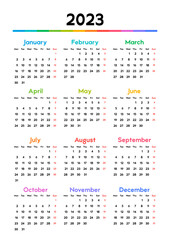 calendar 2023, week starts on Monday, basic template with a bright multicolored design. vector illustration
