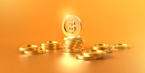Gold dollar coin of business financial currency money and investment savings banking cash or deposit profit economy finance. 3D rendering.