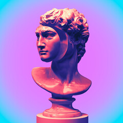 Abstract illustration from 3D rendering of a white marble bust of male classical sculpture with face cut-out and dislocated forwards on a pedestal and isolated on background in vaporwave style colors.