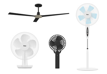 Modern electric fan different types colors set realistic vector illustration
