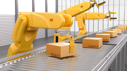 Industrial robot arm loading carton on conveyor in manufacturing production line. 3D Rendering
