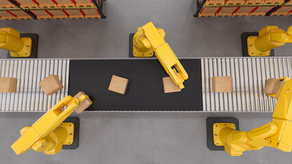 Top view Industrial robot arm loading carton on the conveyor belt in the industrial logistics center. 3D Rendering