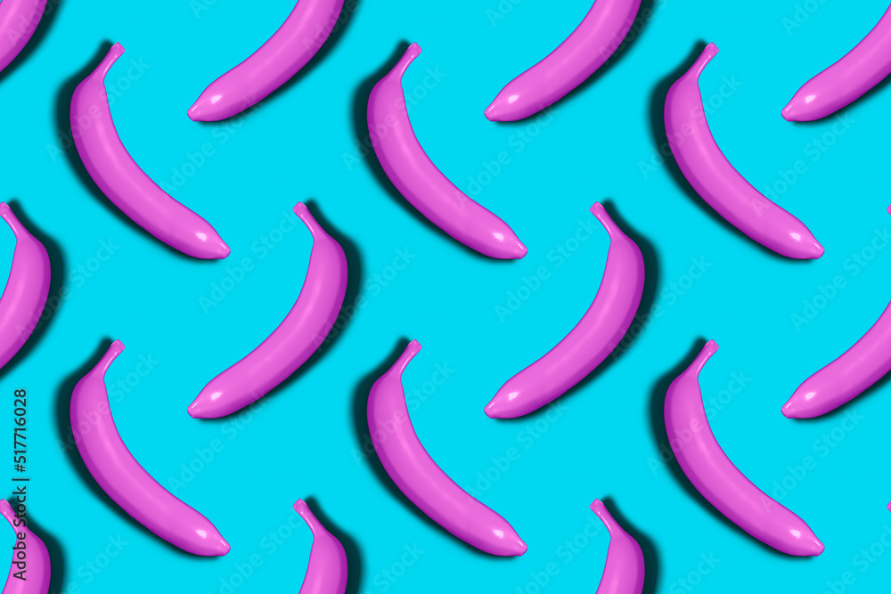 Poster seamless pattern of yellow 3d rendered bananas on pink background with shadow.