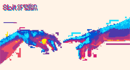Reaching hands 8 bit color style design concept vector illustration isolated on background in vaporwave color palette. - obrazy, fototapety, plakaty