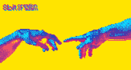 Reaching hands 8 bit color style design concept vector illustration isolated on background in vaporwave color palette. - obrazy, fototapety, plakaty