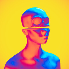 Abstract concept sculpture illustration from 3D rendering of white marble female figure sliced cut head with skull upper part and isolated on background in vaporwave colorful palette.