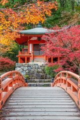 pavilion and bridge in japanese garden in Daigoji temple in Kyoto, Japan in autumn season