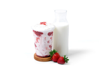 ice strawberry milk shake with strawberries fruit and milk bittle isolated on white background. coffee shop cafe menu concept.