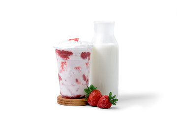 ice strawberry milk shake with strawberries fruit and milk bottle isolated on white background. coffee shop cafe menu concept.