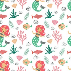Seamless pattern with a cute mermaid, fish and seaweed on a white background. Vector graphics for the design of wallpapers, textiles, wrapping