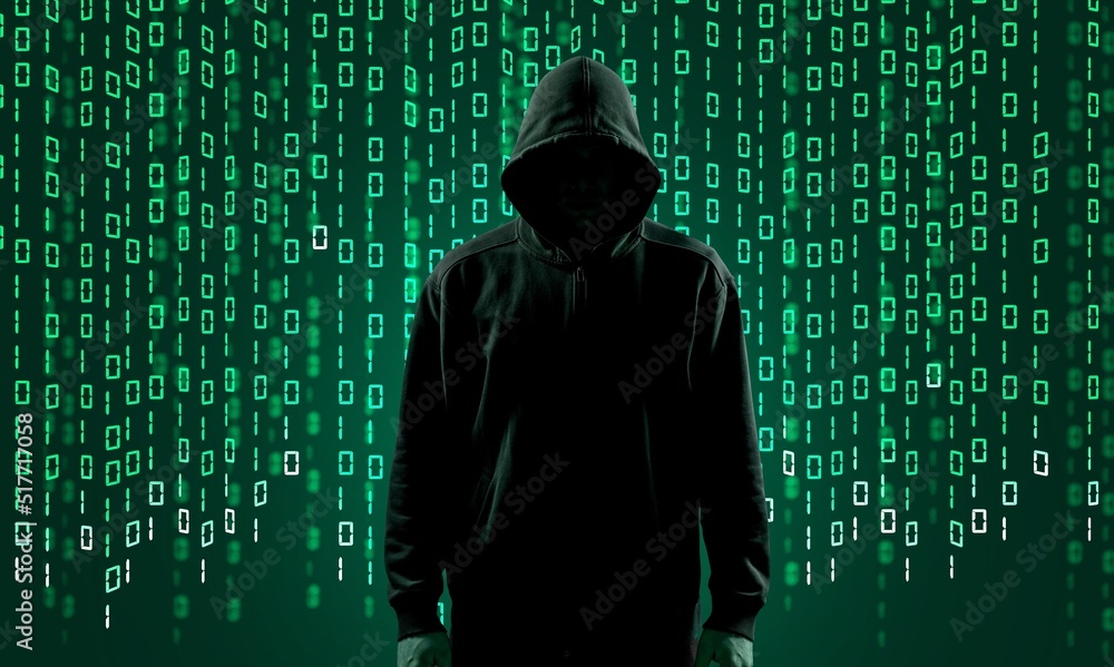 Canvas Prints Computer Hacker in Hoodie. Obscured Dark Face. Hacker Attack, Virus Infected Software and Cyber Security Concept .