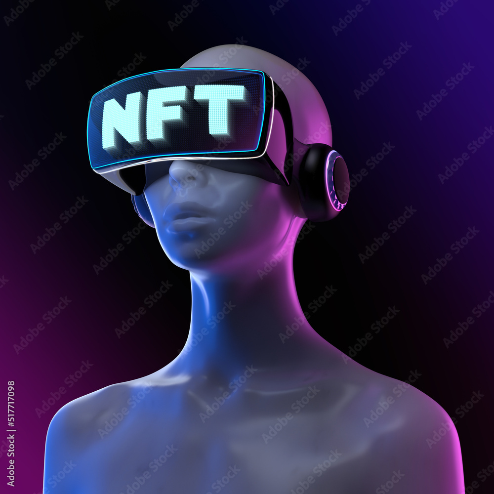Poster concept futuristic illustration from 3d rendering of white marble female bust figure with nft displa