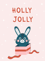 Merry Christmas and Happy New Year card with cute rabbits Hare symbol of 2023 year. New year mascot. Cute vetor flat animal character