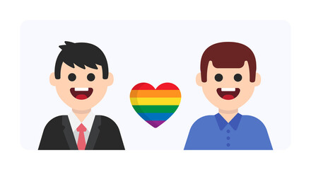 Happy gay couple with rainbow heart shape in flat design. LGBTQ community concept
