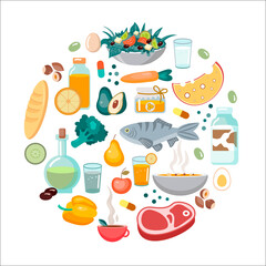 A large set of food items. The concept of a healthy lifestyle