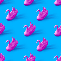 Fototapeta na wymiar Seamless pattern of pink swans from 3D rendering on pastel blue background. Flat lay summer minimal concept design illustration.