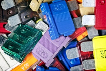 Close-up of different Car fuses. 