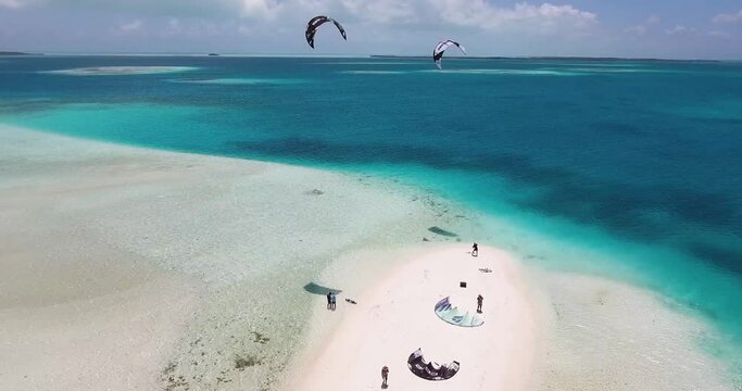TWO KITESURFER PRACTICE KITESURF around exotic CARIBBEAN ISLAND, LOS ROQUES