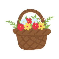 A basket of flowers, painted in a doodle style. Spring collection. Flat vector illustration