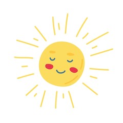 The sun with a face, painted in a doodle style. Spring collection. Flat vector illustration