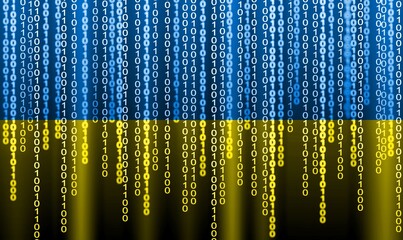 Ukraine blue and yellow bicolor flag matrix background generated on computer. Ukrainian IT or hacker concept