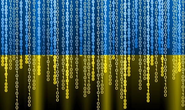 Ukraine blue and yellow bicolor flag matrix background generated on computer. Ukrainian IT or hacker concept