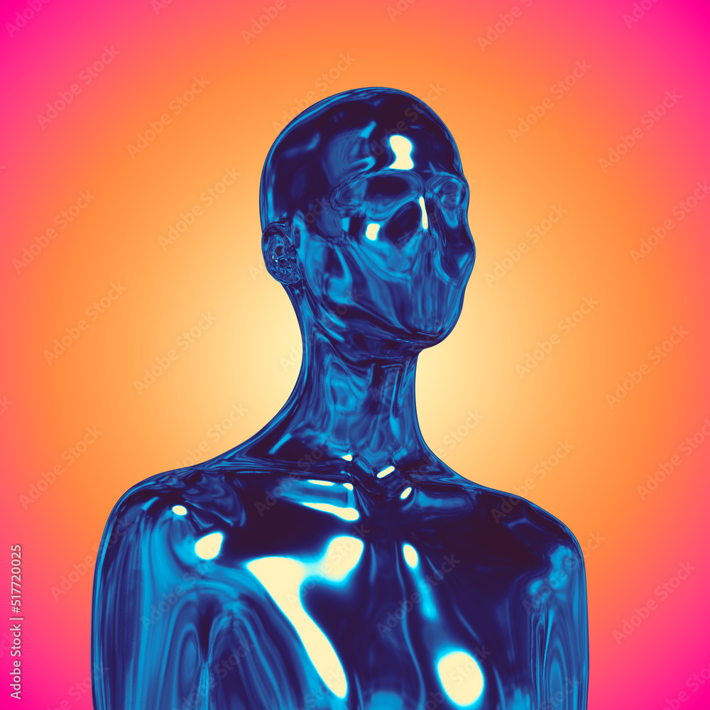 Poster abstract creative illustration from 3d rendering of anonymous female bust figure made of chrome refl