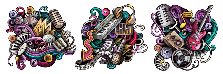 Disco music cartoon vector doodle designs set.