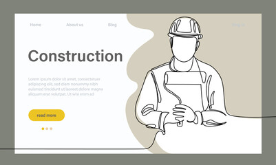 Landing page of architecture works with protective face masks for safety in machine industrial factory. Continuous one line drawing for your minimal design