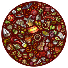 Set of Spain cartoon doodle objects, symbols and items
