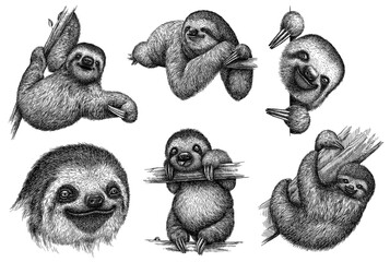 Vintage engrave isolated sloth set illustration ink sketch. Sloth bear background sleep art