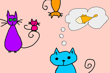 Funny multi-colored cats dreaming of a fish. Children's drawing.