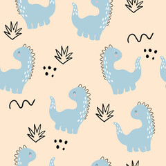 Seamless pattern with cute dinosaurs, dots, bushes and doodles. Children's wallpaper in scandinavian style with dino. Children's textiles, clothes.	