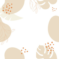 Abstract background. Background for the site, instagram, postcards, social networks. Spots, branches, tropical leaves, doodles and dots on a white background. Frame.