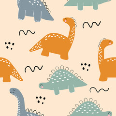 Seamless pattern with cute dinosaurs, dots, bushes and doodles. Children's wallpaper in scandinavian style with dino. Children's textiles, clothes.	