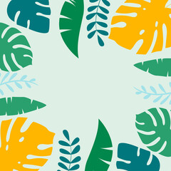 Vector hand drawn tropical frame. Tropical leaves. Summer banner. On a pastel green background.